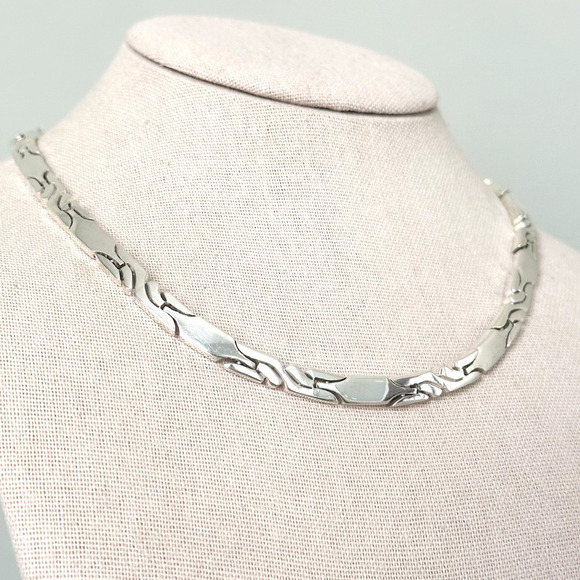Vintage CII Mexico 925 Sterling Silver Heavy Bar Pattern Link Collar Necklace - Picture 6 of 12